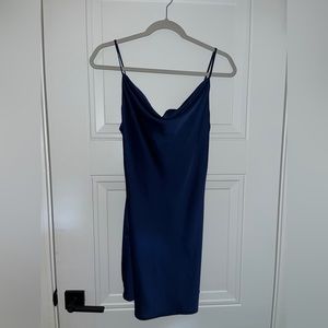 Navy blue mini dress with a scoop neck.